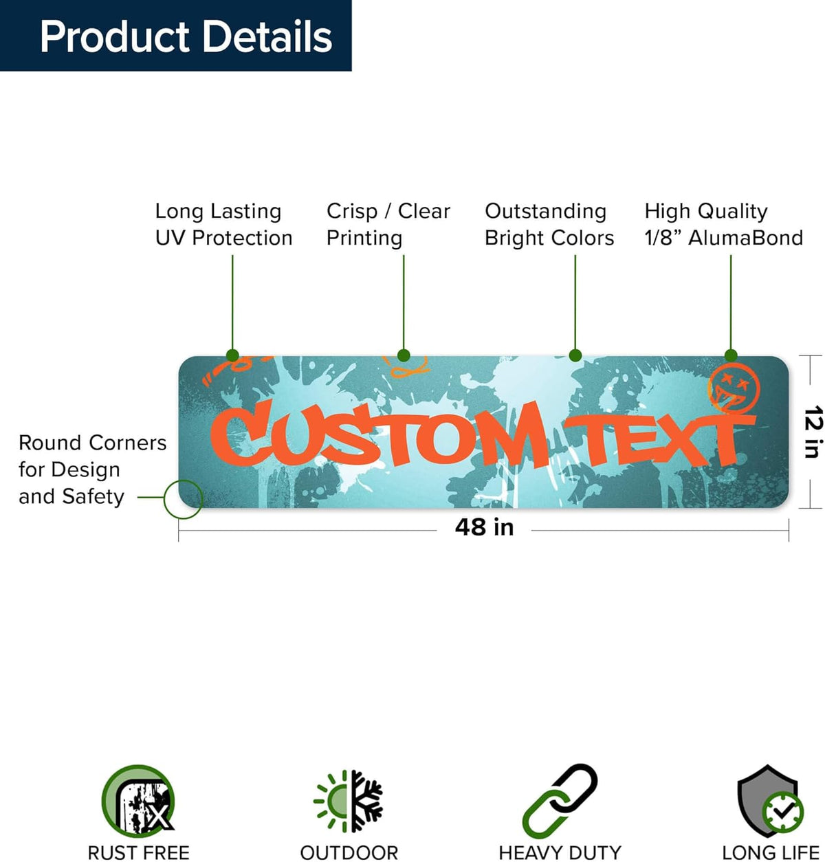 Custom Sign, Custom Street Sign, 11 Font Colors, 13 Font Styles, 4 Hole Options, 22 Sizes, 12x48