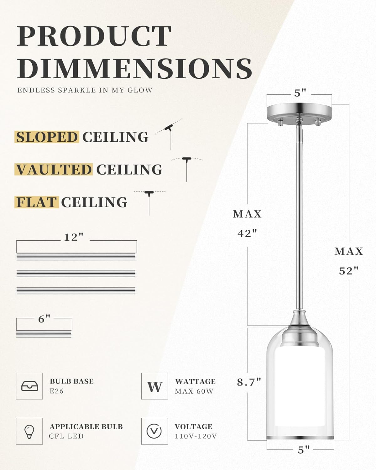 LIROUVET 2 Pack Pendant Light Fixtures, Modern Dual Glass Pendant Lights, Brushed Nickel Hanging