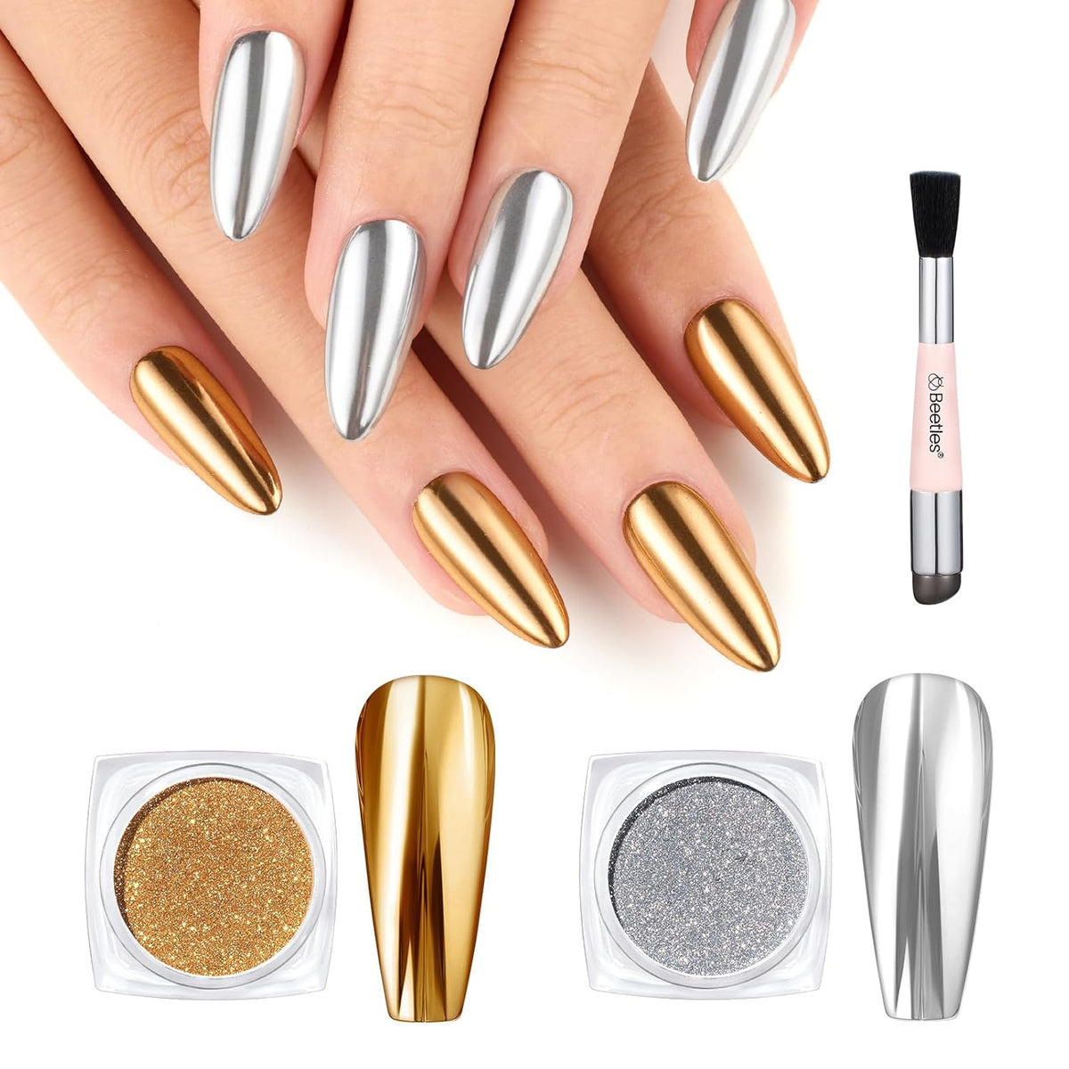 Beetles Gold Chrome Nail Powder, 2 Colors Holographic Chrome Powder Mirror Effect with Nail Brush