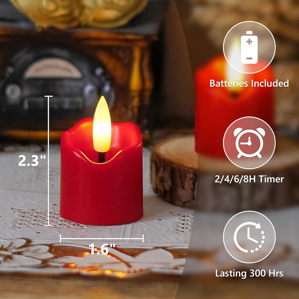 6 Pack Battery Operated Auto Daily Timer Burgundy Plastic LED Flameless Votive Candles, Long