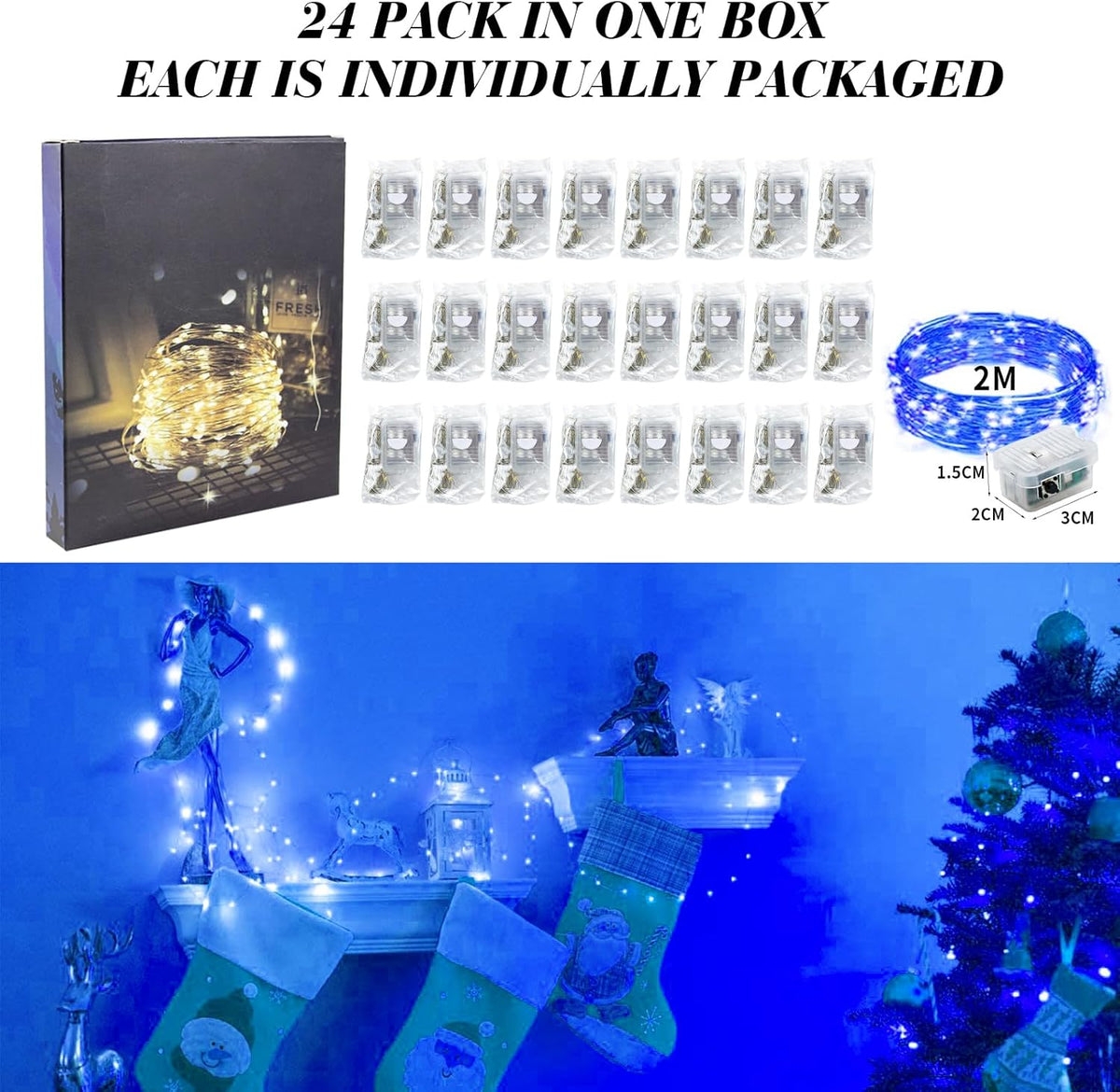 ZGWJ 24 Pack Fairy Lights Battery Operated, 7ft 20 Mini LED Fairy String Lights Silver Wire 3 Modes