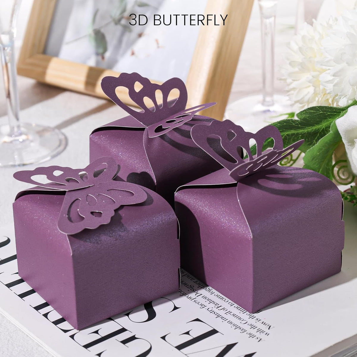 VGOODALL 50PCS Party Favor Boxes, 2.4" x 2.4" x 1.8" 3D Butterfly Candy Boxes Purple Baby Shower