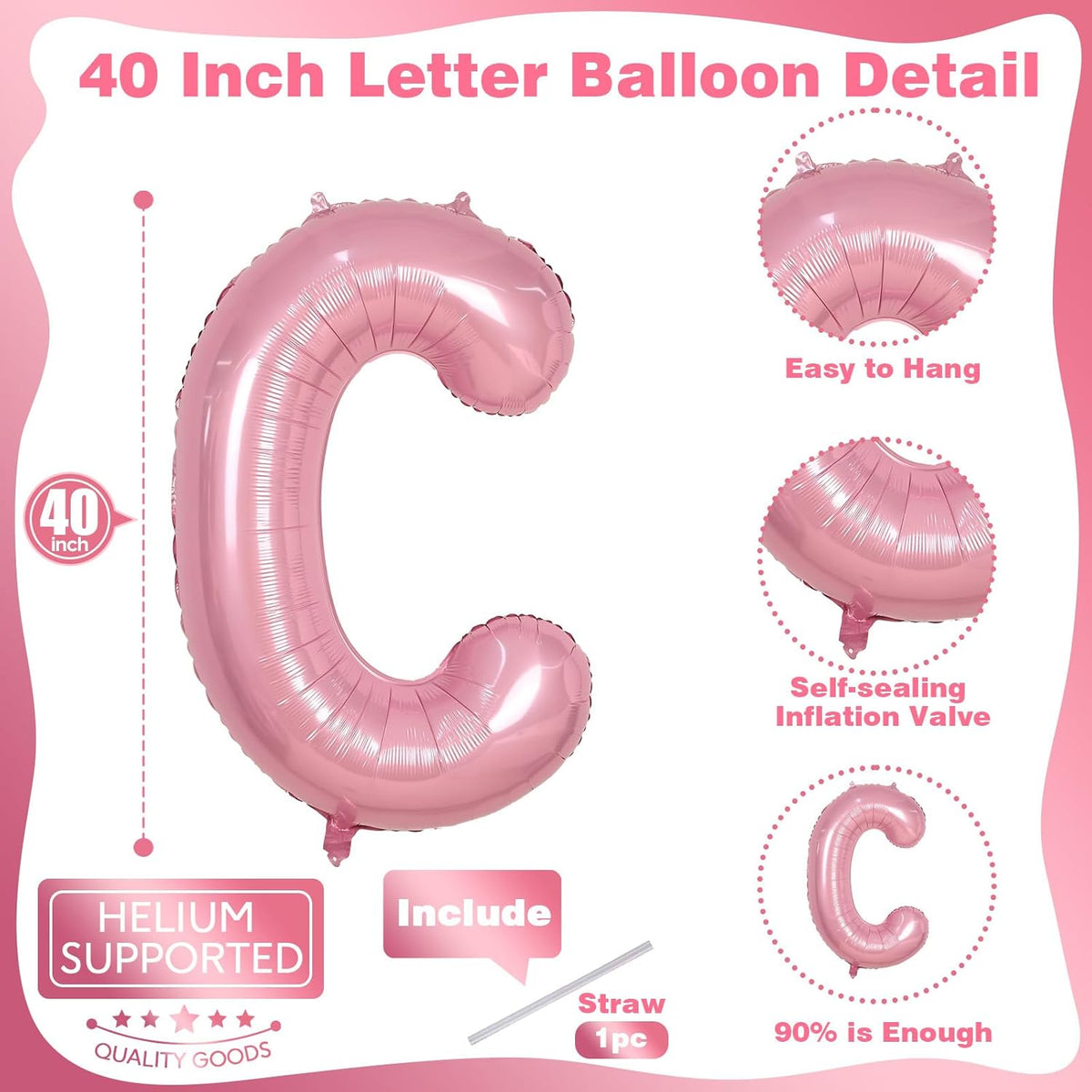 40 Inch Pink Letter Balloon C, Giant Alphabet A - Z Foil Balloon Baby Pink, Self Inflating Pearl