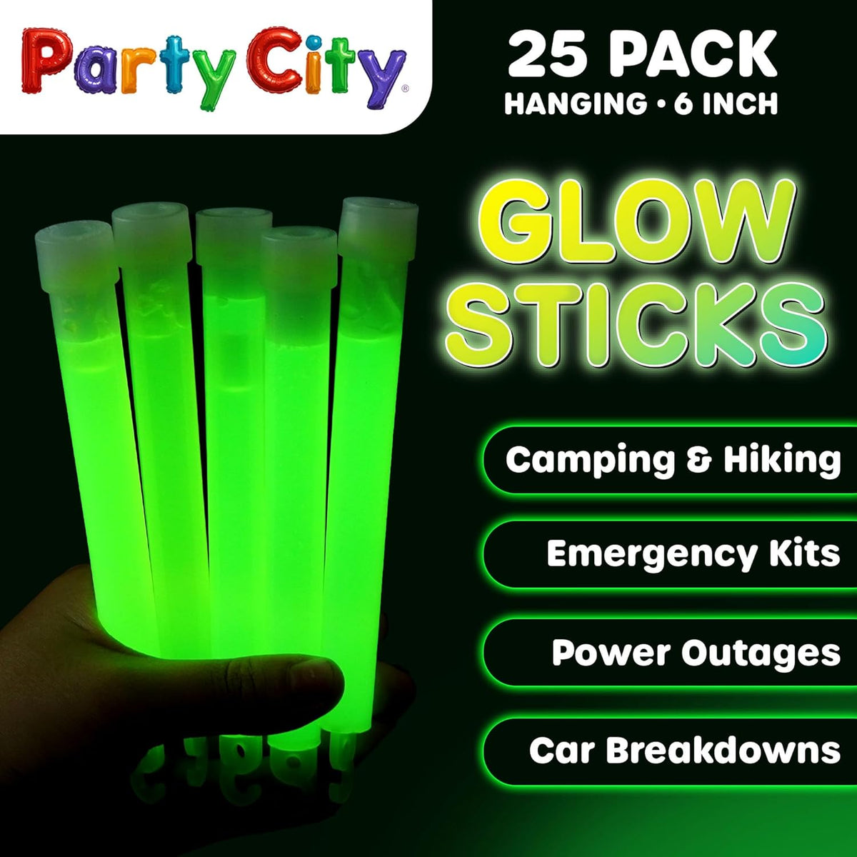 Party City Green Glow Sticks Bulk Pack 6”- 25pk Glow in the Dark Sticks for Kids, Waterproof