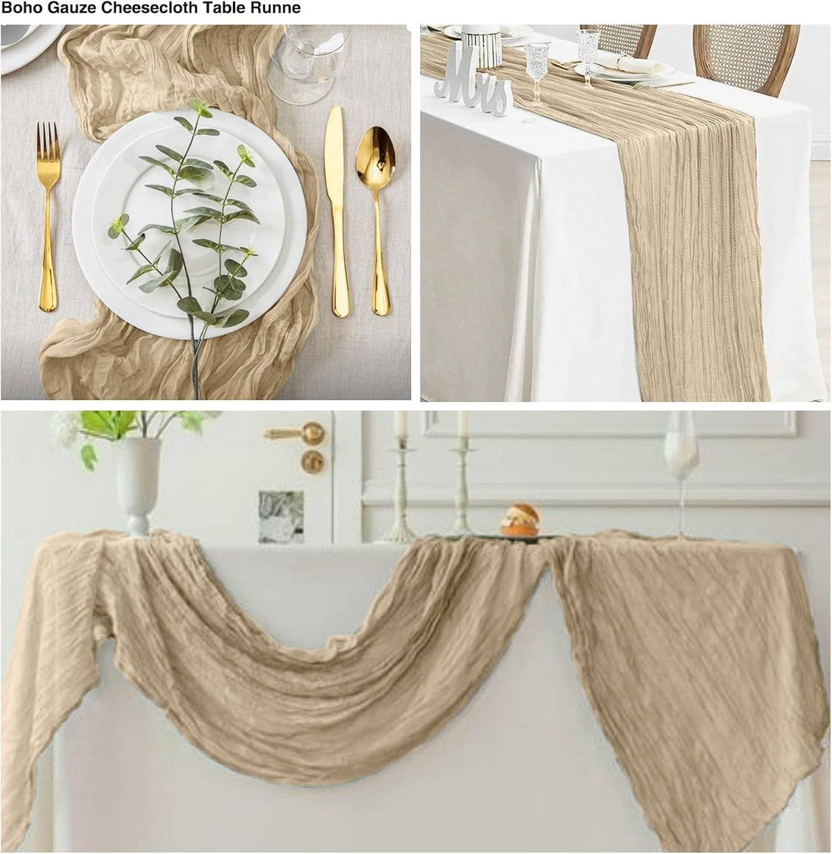 12 Pack Beige 10 Ft Cheesecloth Table Runner 20x121 Inch Boho Wrinkled Sheer Romantic Gauze Decor