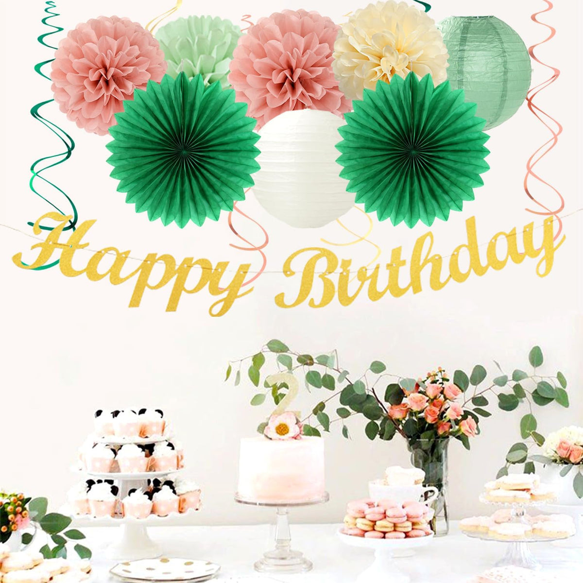 Olive Sage-Green Beige Happy-Birthday Party-Decorations - 31pcs Women Girls Adults Paper Lanterns