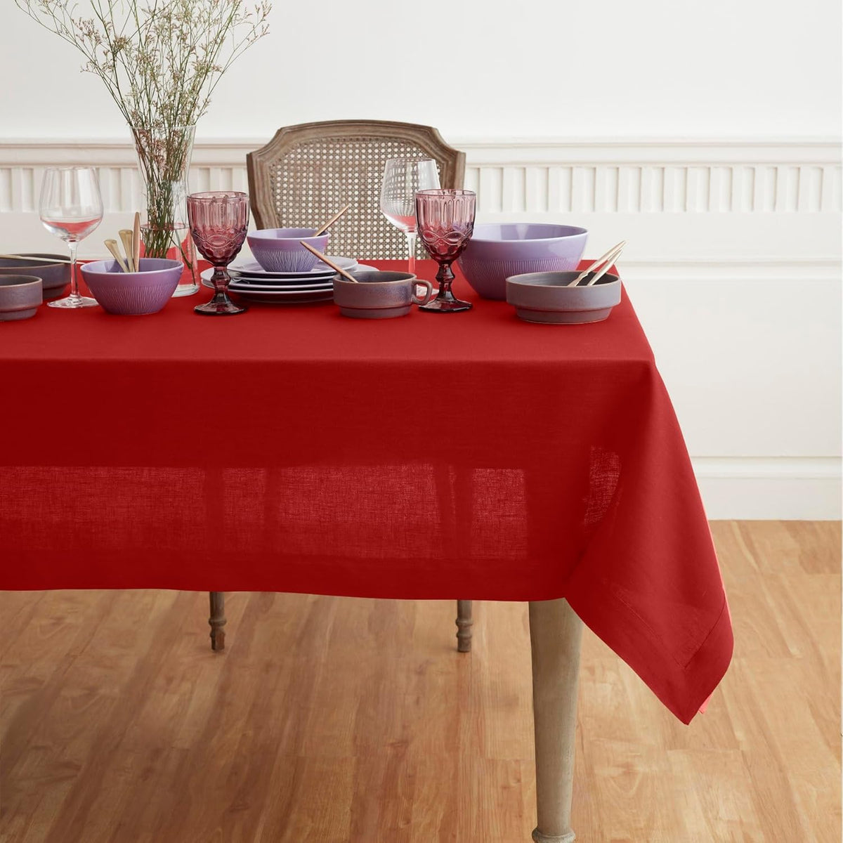 Solino Home Linen Red Tablecloth 60 x 132 Inch - 100% Pure Linen Rectangular Tablecloth - Machine