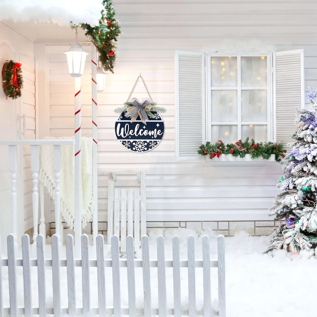 CHDITB Blue Welcome Winter Front Door Sign Wreath(11.4”), Wooden 3D Welcome Home Decoration Wall
