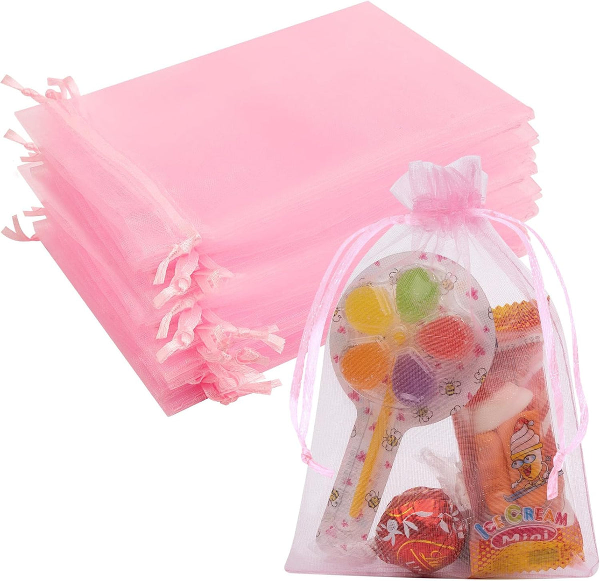50 Pcs Pink Organza Bags 4x6 Inch, Jewelry Pouch Bags Small Mesh Bag Drawstring Gift Goody Bag for