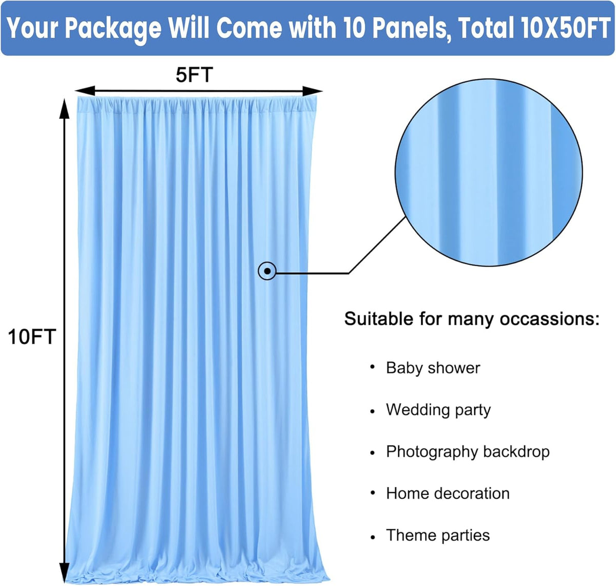 50 ft x 10 ft Wrinkle Free Blue Backdrop Curtain Panels, Polyester Photography Backdrop Drapes