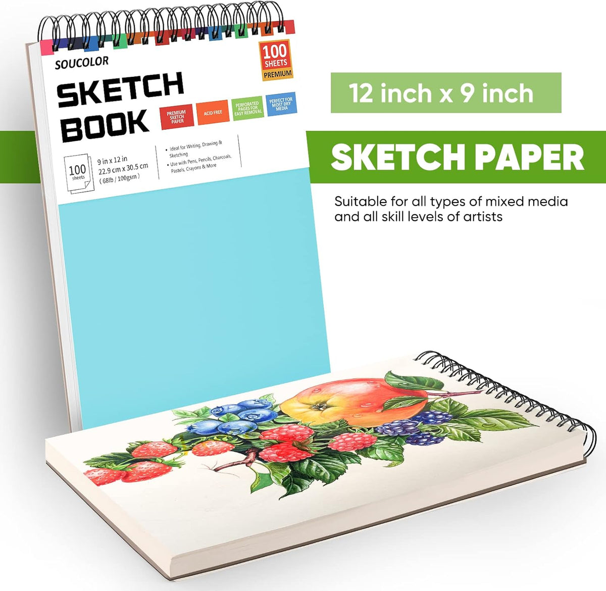 Soucolor 9" x 12" Spiral Bound Blank Sketch Notebook Journal Book- 1-Pack 100 Sheets Acid-Free
