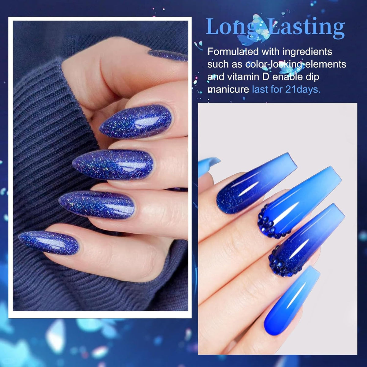6 Colors Dip Powder Set, Royal Blue Glitter Dipping Powder Color Set, Glossy Nail Art Manicure DIY