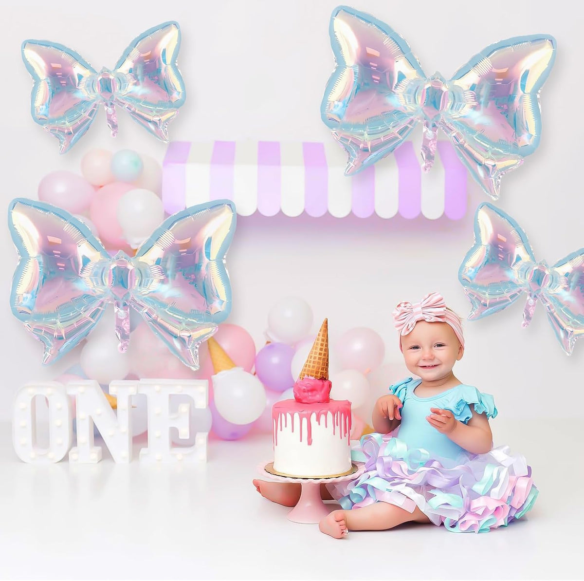 4Pcs Iridescent Foil Balloons, Iridescent Bow Foil Balloons, Rainbow Bow Holographic Clear Foil