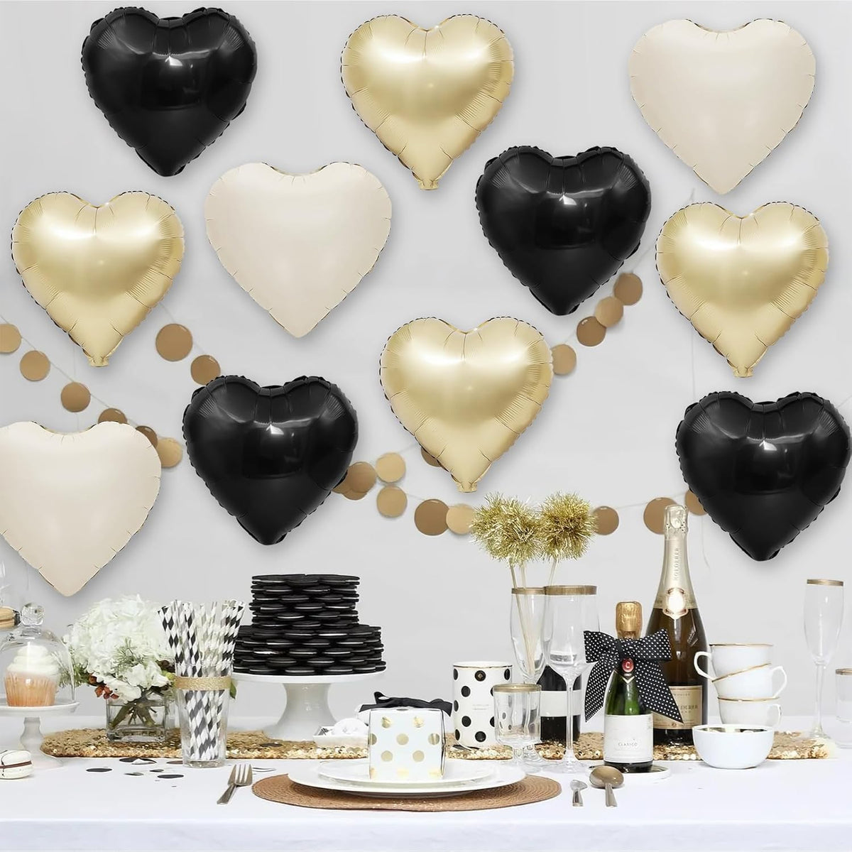 Black White Gold Heart Balloons,12Pcs 18Inch Black Cream White Champagne Gold Heart Shaped Foil