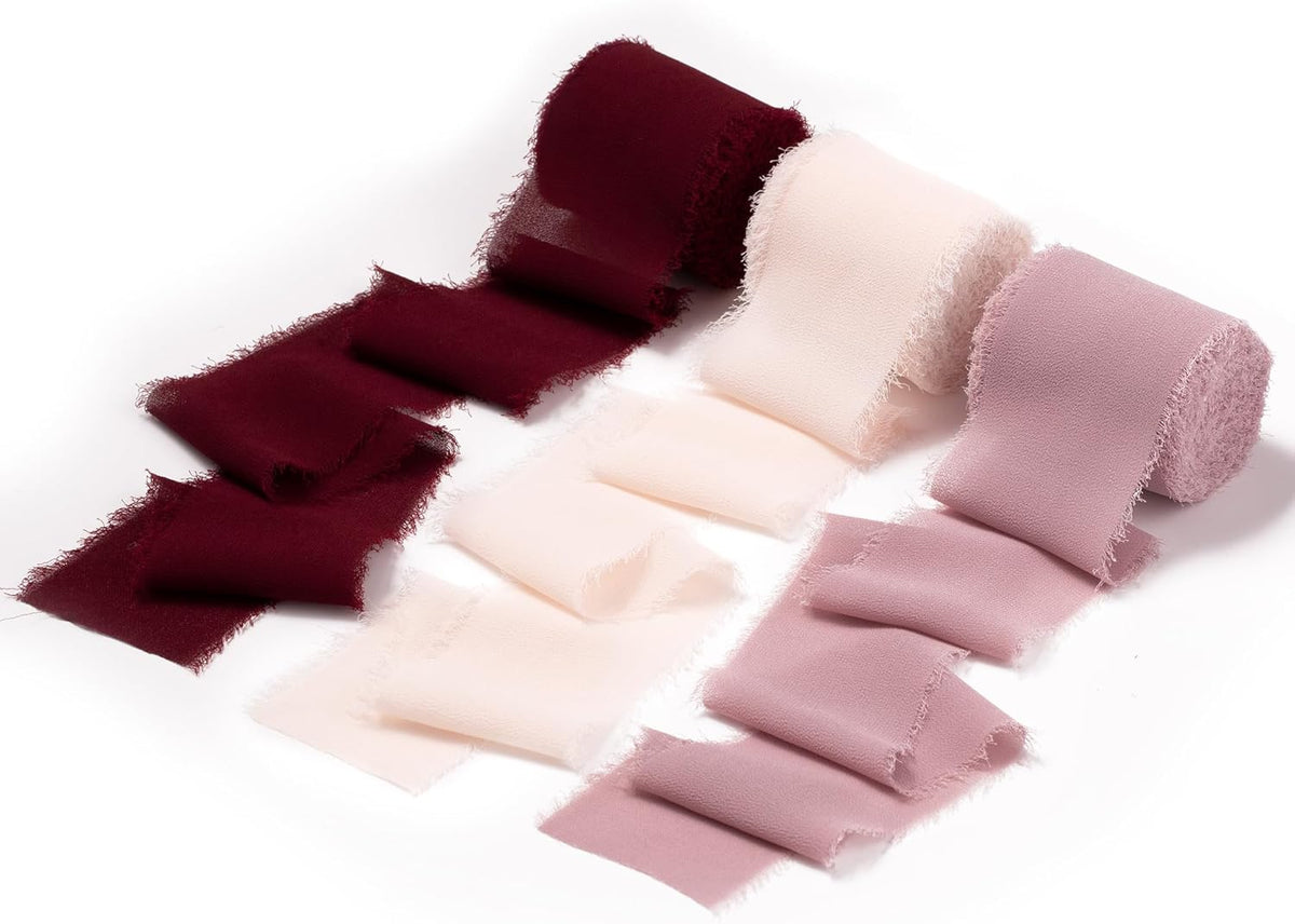DORIS HOME 2" x21Yd Chiffon Ribbon for Flower Bouquet, Pink & Burgundy Fabric Ribbon for Gift