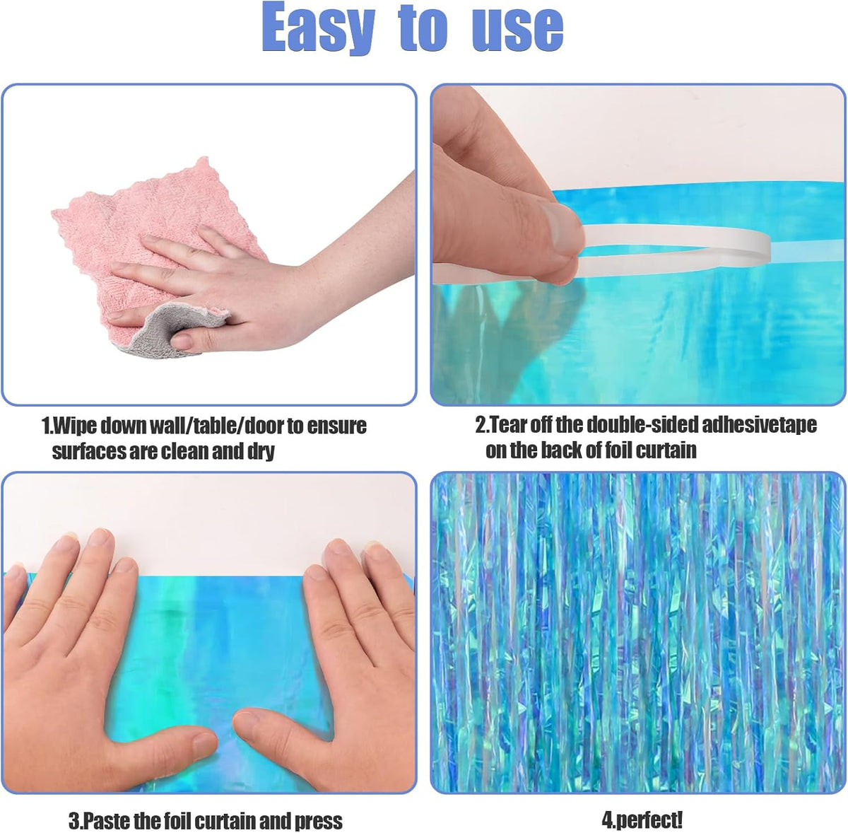 CANREVEL 2 Pack 3.2x6.5 Feet Iridescent Foil Fringe Backdrop Curtains, Clear Blue Tinsel Photo