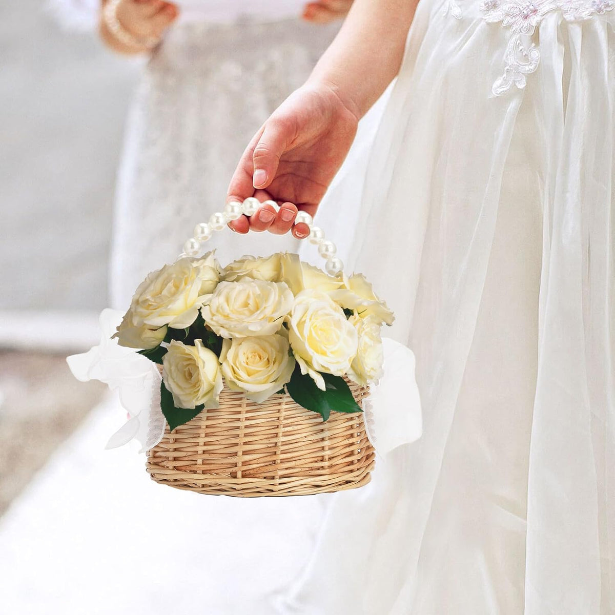 Wicker Rattan Flower Girl Basket Rustic Wedding Flower Girl Basket with Pearl Handle Small Flower