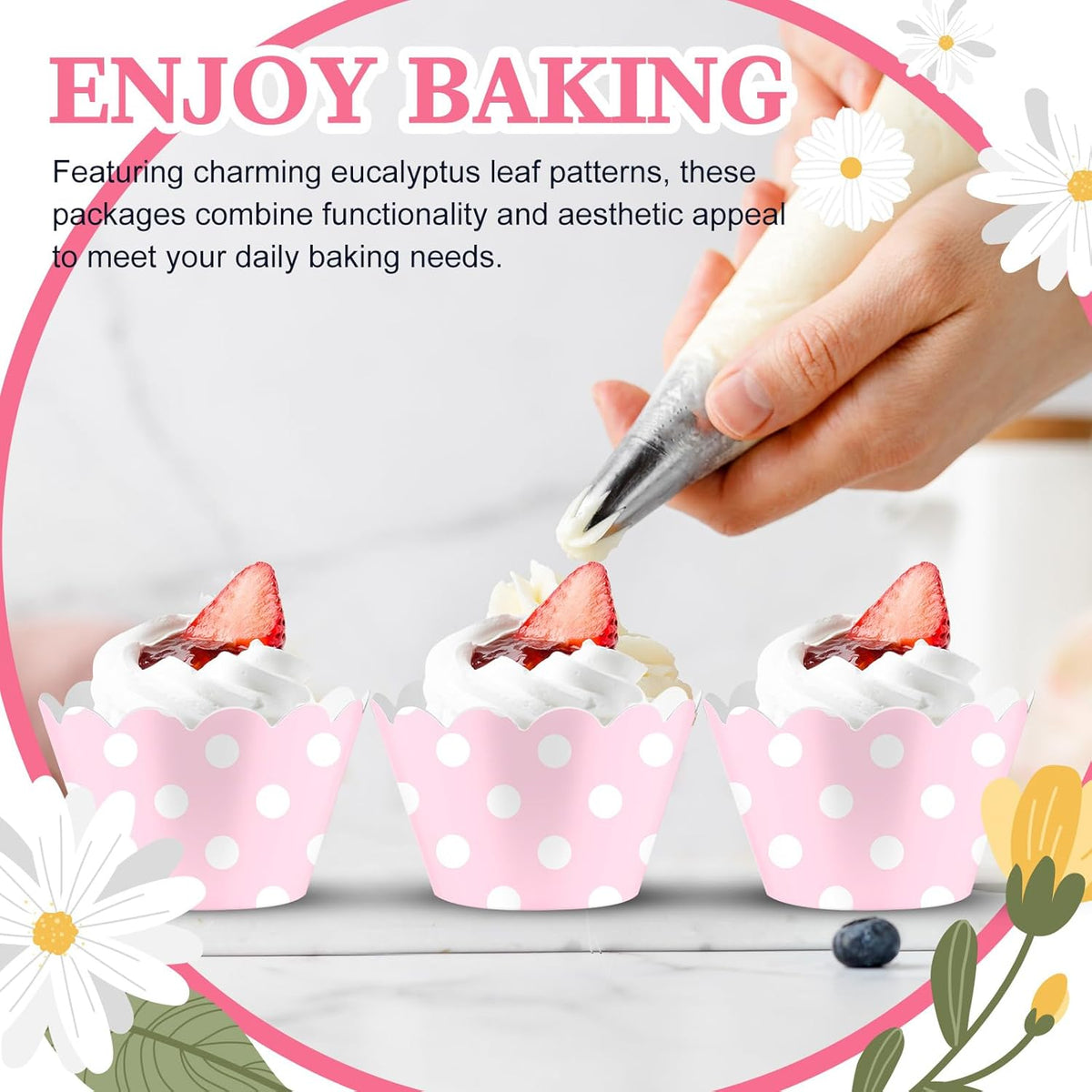 Domensi 100 Pcs Pink Polka Dots Cupcake Wrappers Rustic Cupcake Liners Baking Cups Baking Liners