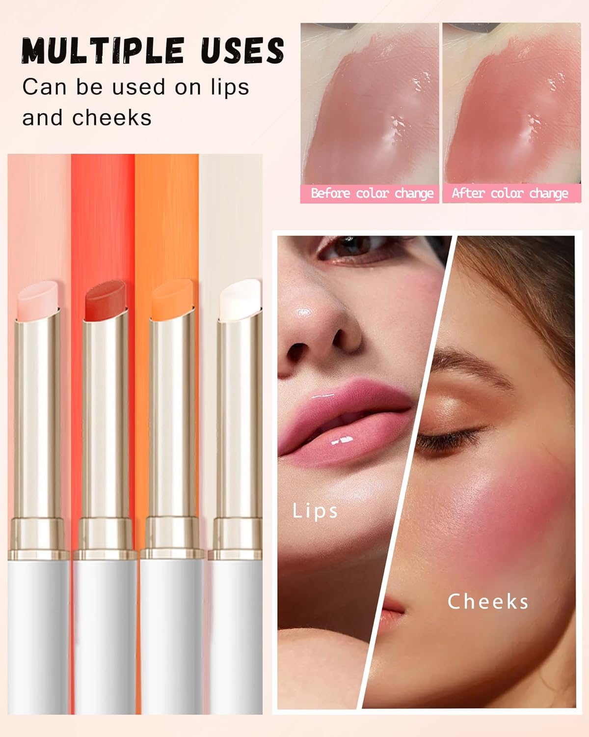 PH Color Changing Lipstick, Waterproof Temperature Color Change Lip Balm, Multi-Use Lip and Cheek