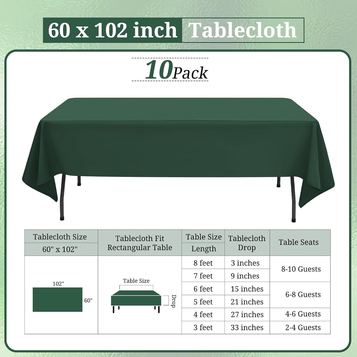 10 Pack Hunter Green Tablecloths for 6ft Rectangle Tables 60 x 102 Inch - Polyester Table Cover