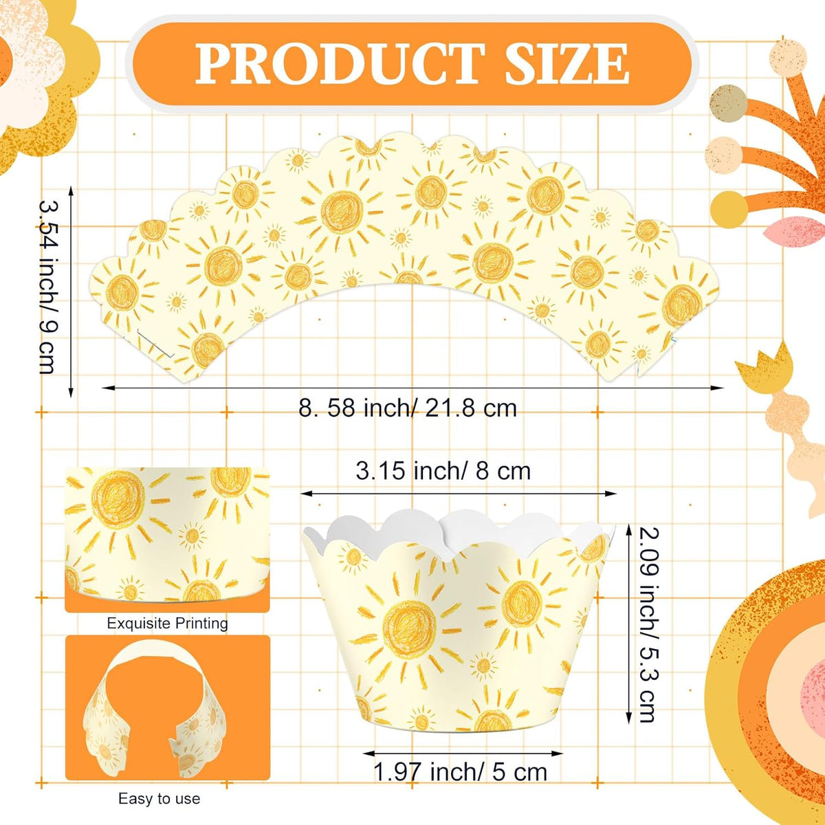 Domensi 100 Pcs Bohemian Sun Cupcake Wrappers Rustic Yellow Sunshine Cupcake Liners Baking Cups