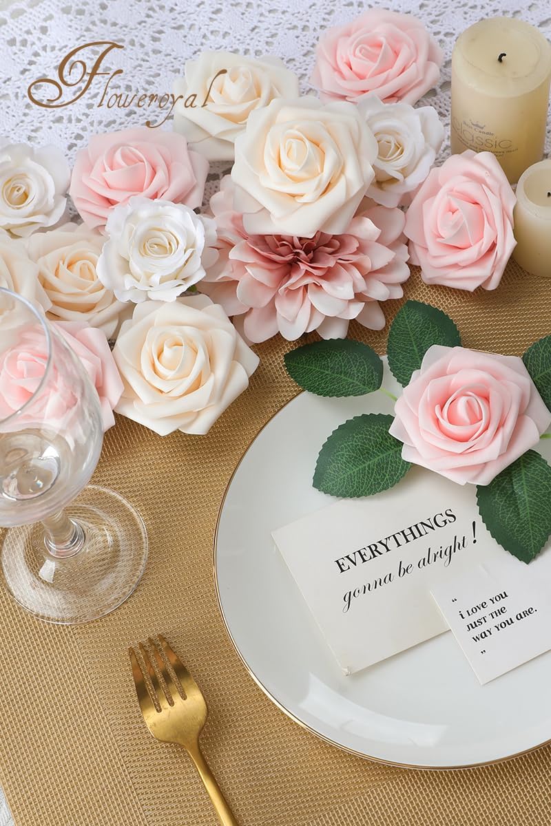 Floweroyal Artificial Pink Flowers Fake Rose Flowers Dahlia with Stems for DIY Wedding Bridal