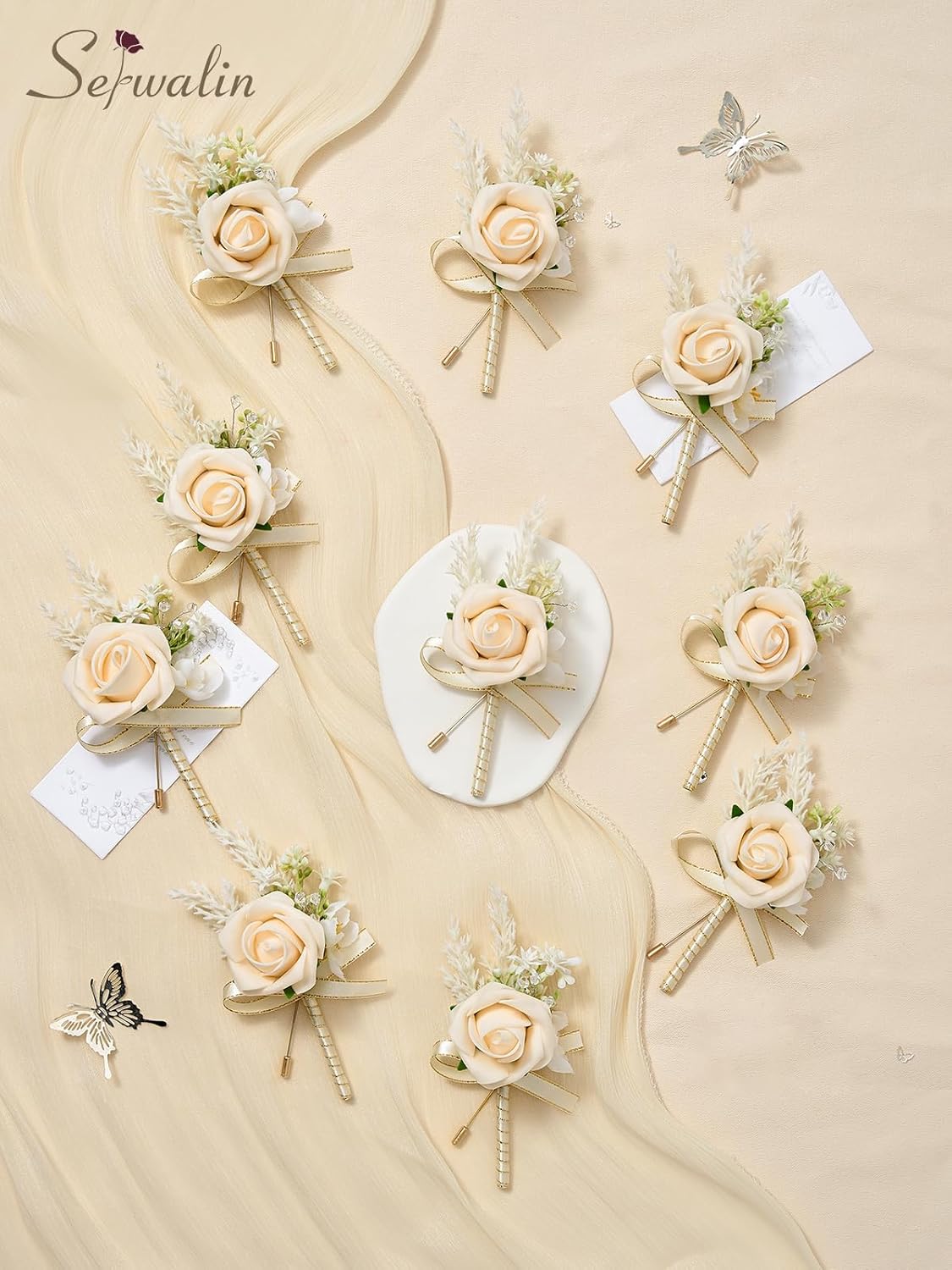 Serwalin 10Pcs Boutonniere for Men Wedding, Champagne Groom and Best Man Boutonniere, Artificial