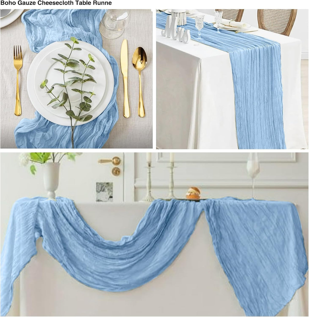 12 Pack Light Blue 10 Ft Cheesecloth Table Runner 20x120 Inch Boho Wrinkled Sheer Romantic Gauze