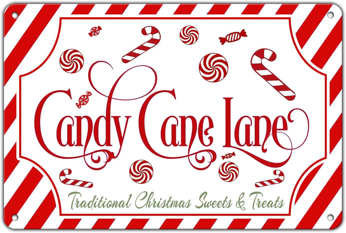 Christmas Candy Cane Lane Metal Tin Sign Traditional Christmas Sweets and Treats Winter Sign for