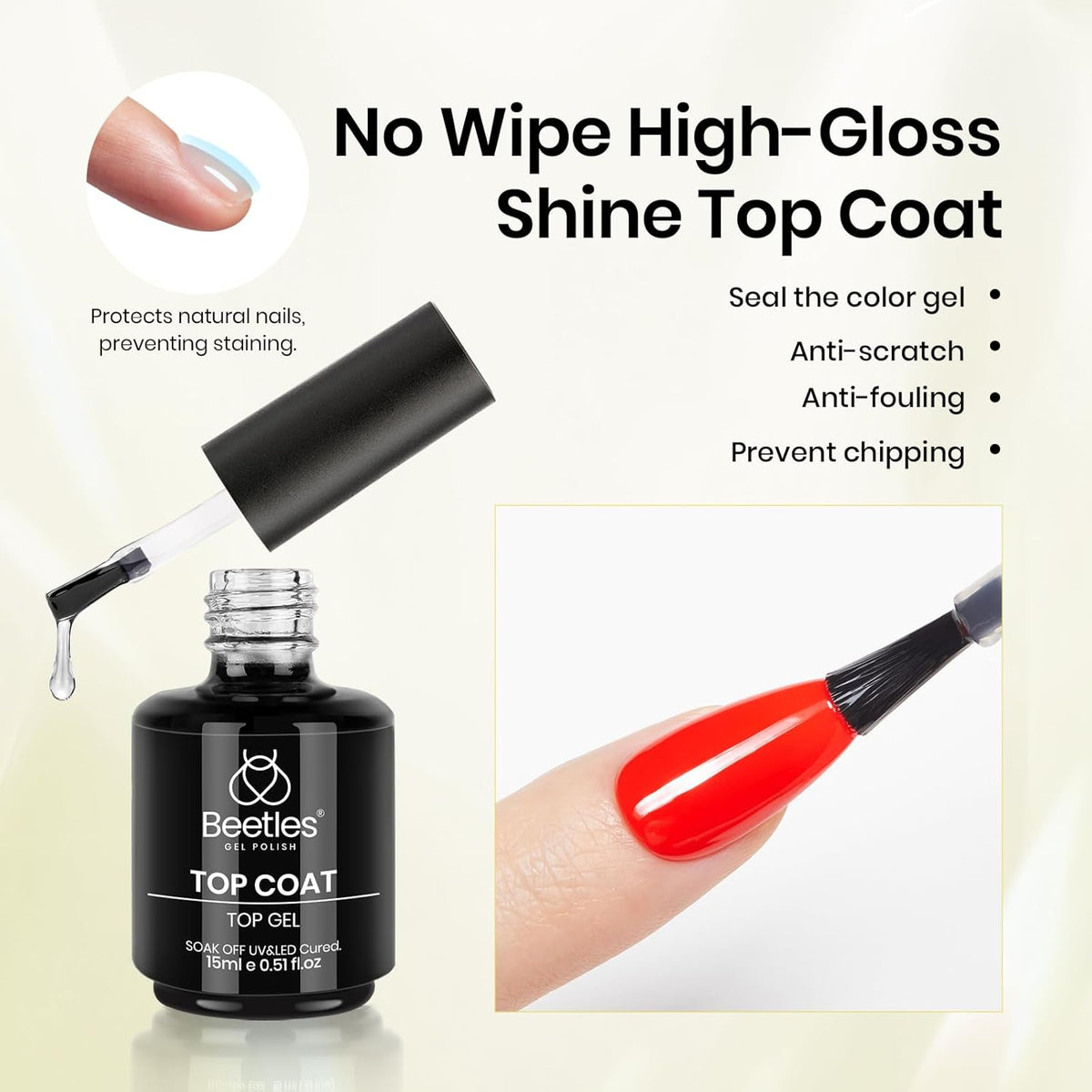 Beetles Gel Top Coat Base Coat Cuticle Oil Set, 3Pcs 15ml No Wipe Top Coat Gel Nail Polish Glossy