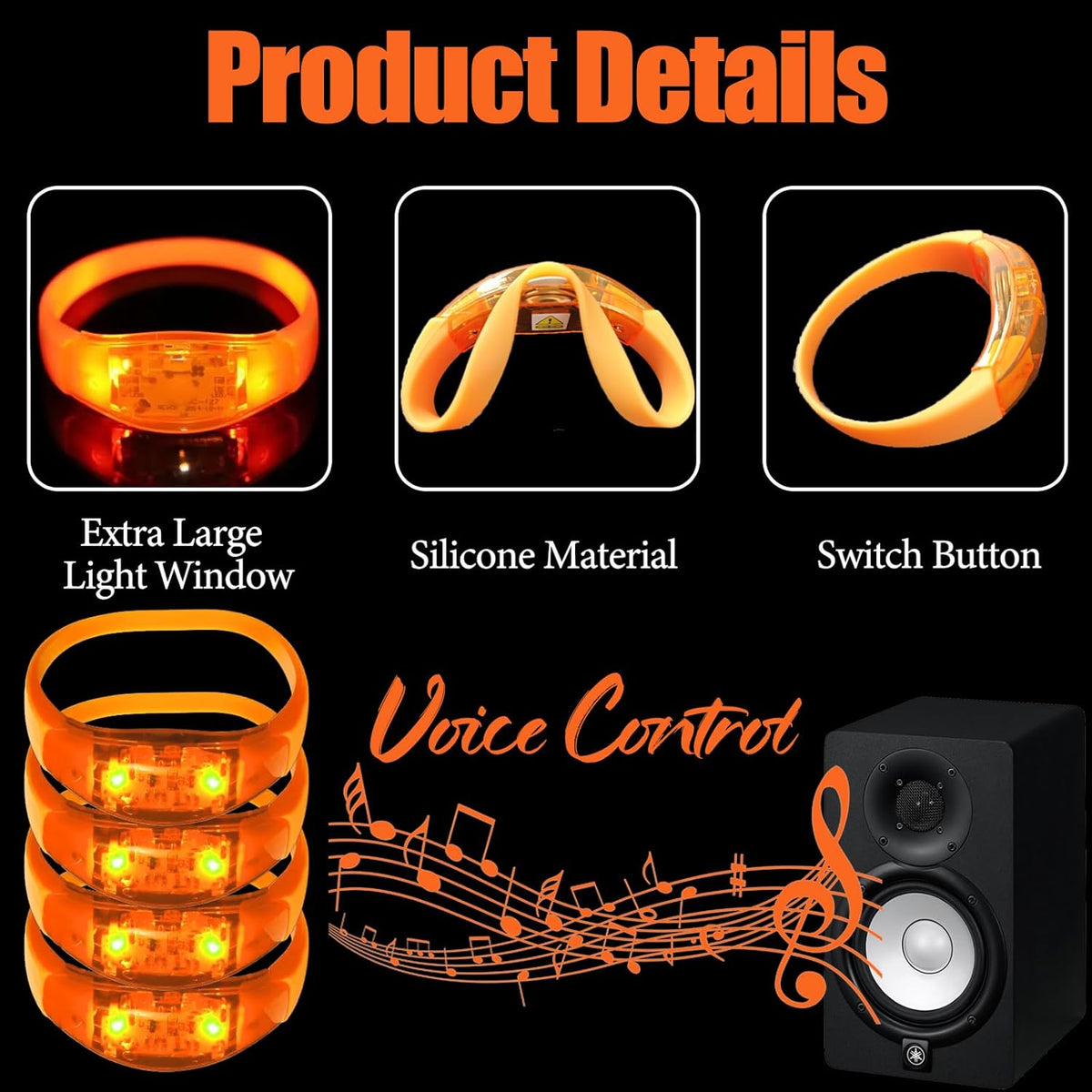 100 Pcs LED Bracelets Sound Activated with Flashing LED Strobe Music Control Light Up Bracelets for