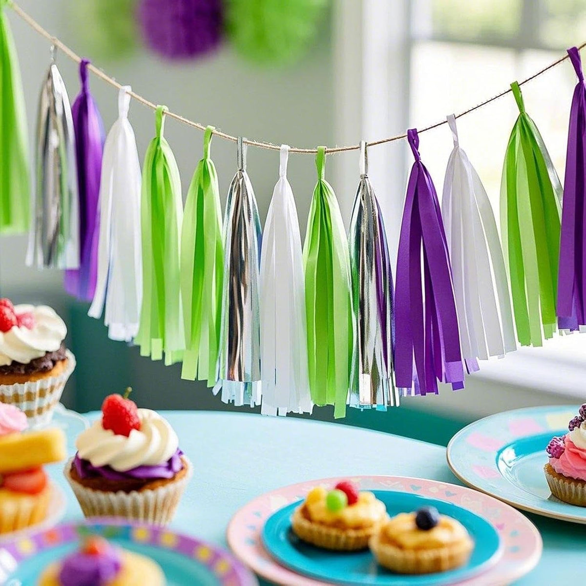 Tissue Paper Tassel Garland Banner, Purple Green Silver White, 20 PCS, Party Decorations for