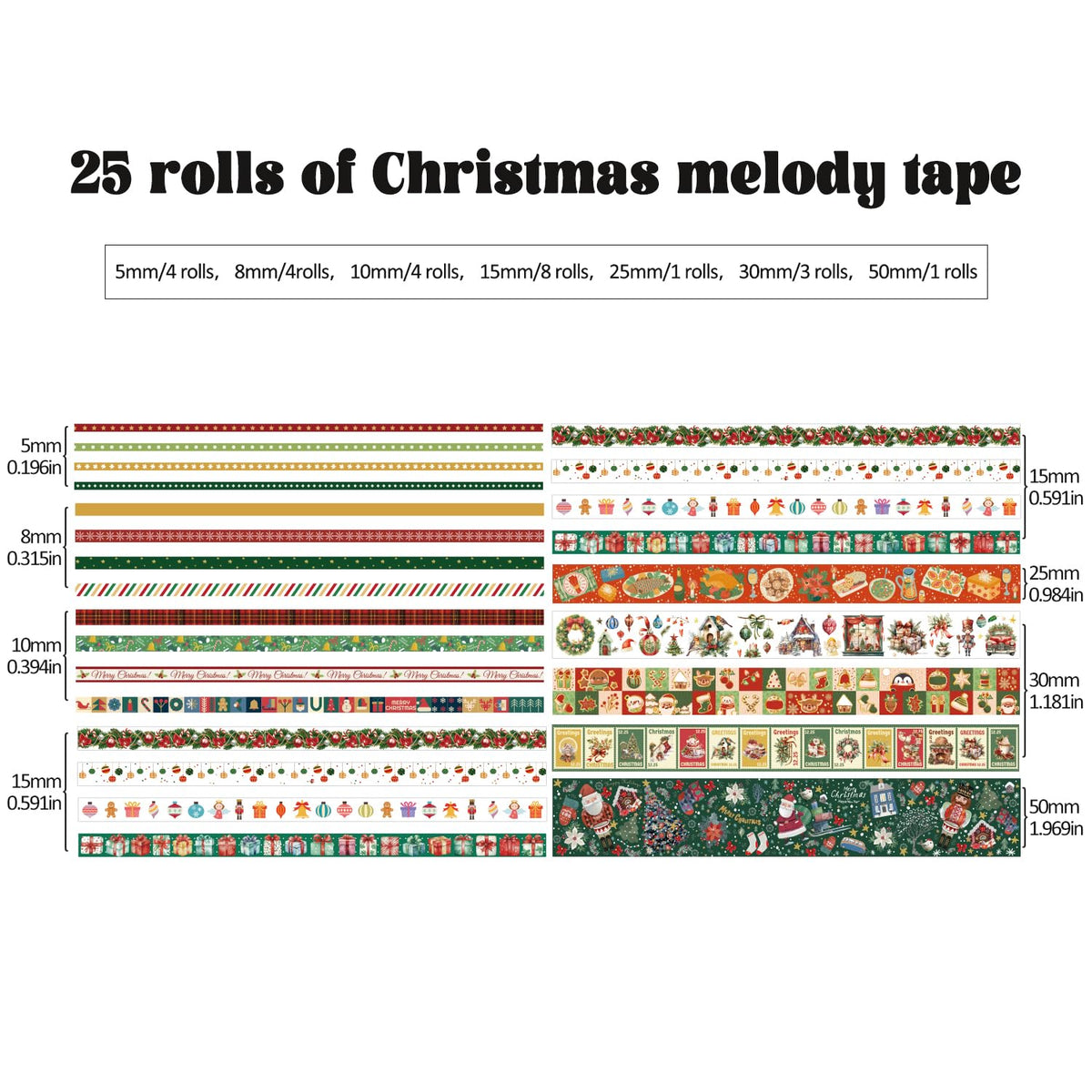 25 Rolls Christmas Gift Washi Tape Set, Festivals New Year Decorative Tapes for Scrapbooking, Junk