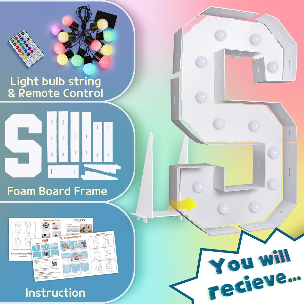 imprsv 4FT Colorful Marquee Light Up Letters S, 18 Colors Large Light up Letters Alphabet Sign with