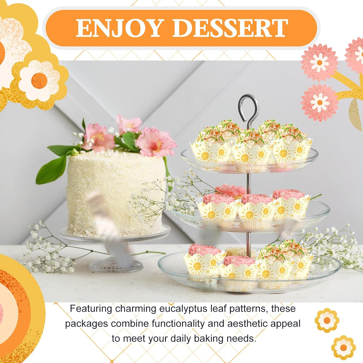 Domensi 100 Pcs Bohemian Sun Cupcake Wrappers Rustic Yellow Sunshine Cupcake Liners Baking Cups
