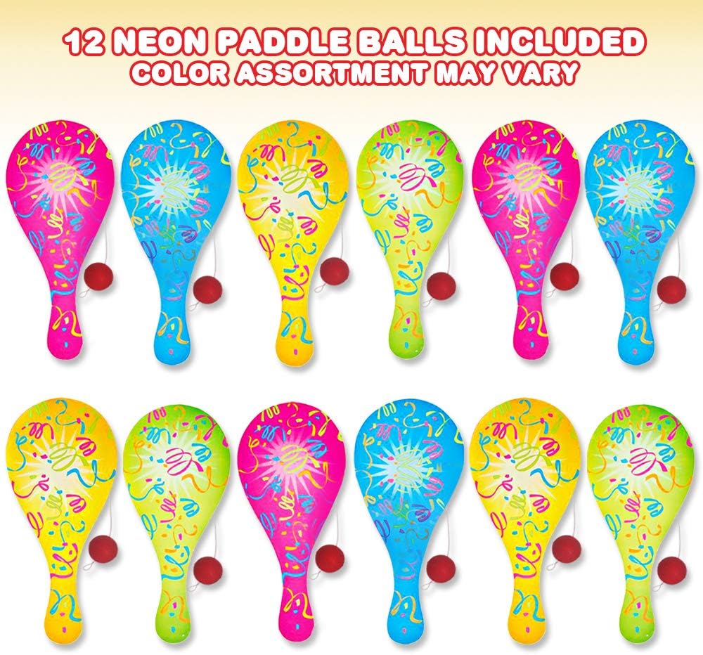 ArtCreativity Neon Paddle Balls, Pack of 12, 9.25 Inch Plastic Paddleball with String, Assorted