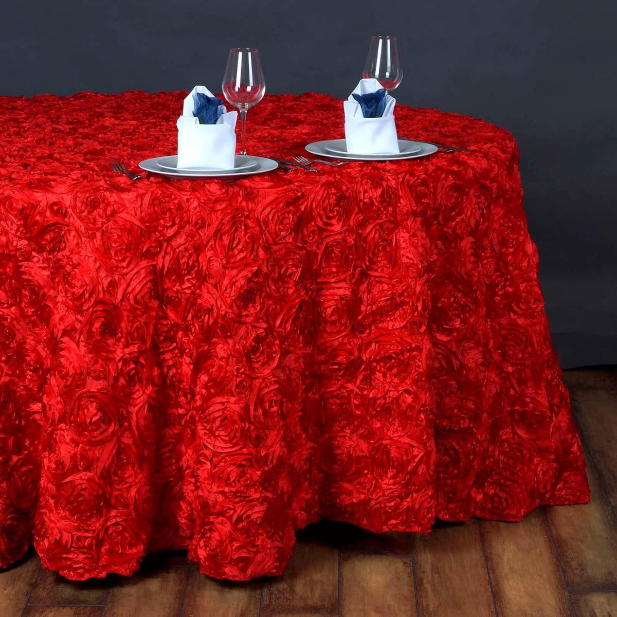Efavormart 132" Wholesale Round Table Cover RED Grandiose Rosette 3D Satin Tablecloth for Wedding