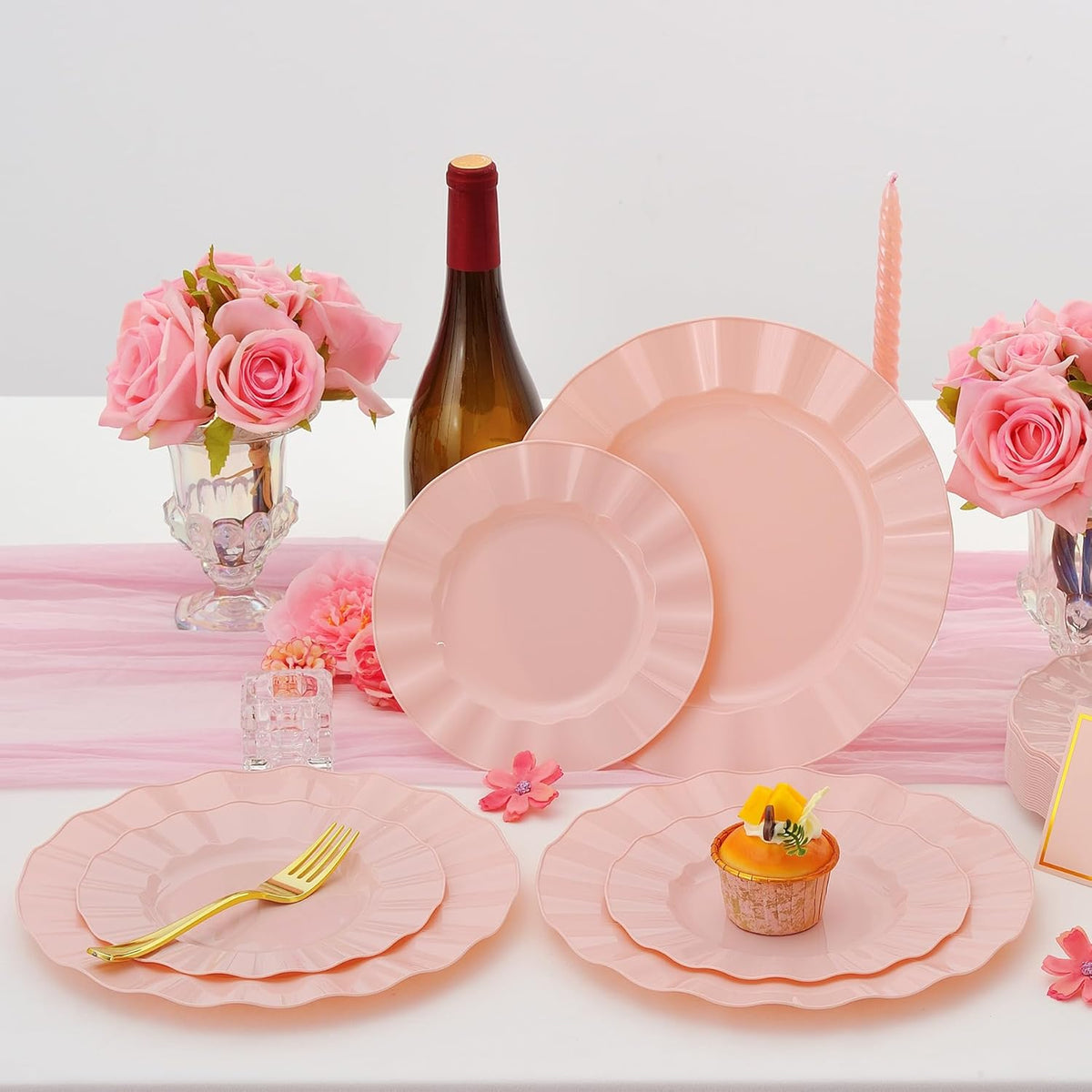 60Pcs Premium Pink Plastic Plates, Fancy Nice Disposable Plate, Elegant Wedding Plates Set include