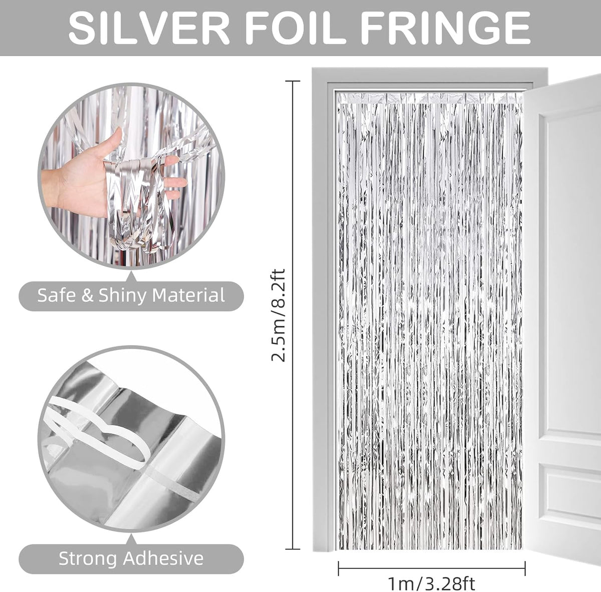 30 Pack Silver Foil Fringe Curtain Backdrop, 3.3x8.2 Feet Metallic Tinsel Streamer Curtains Photo