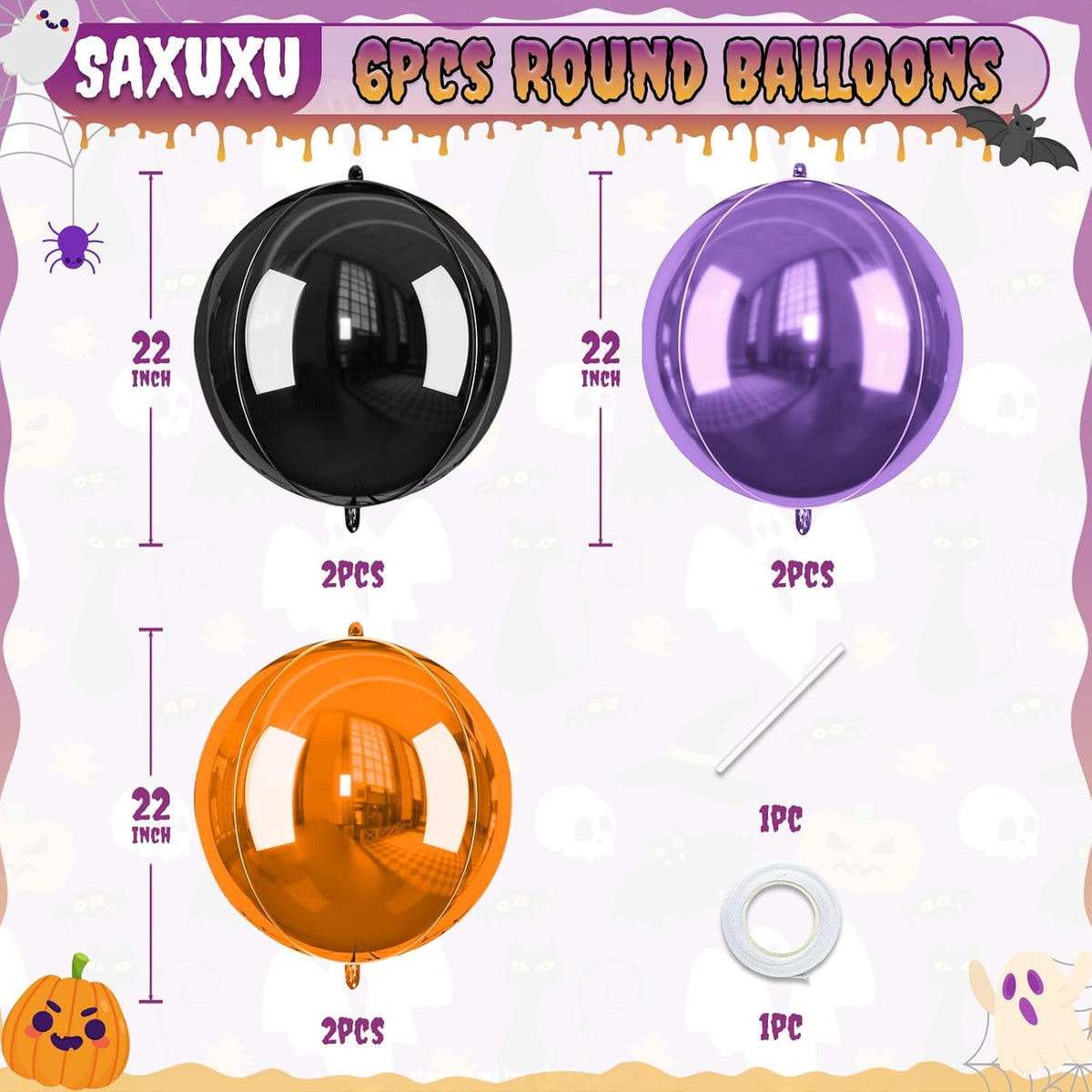 Halloween Black and Orange Foil Balloons, 6 Pcs Large Metallic Orange Black Purple Giant 4D Round