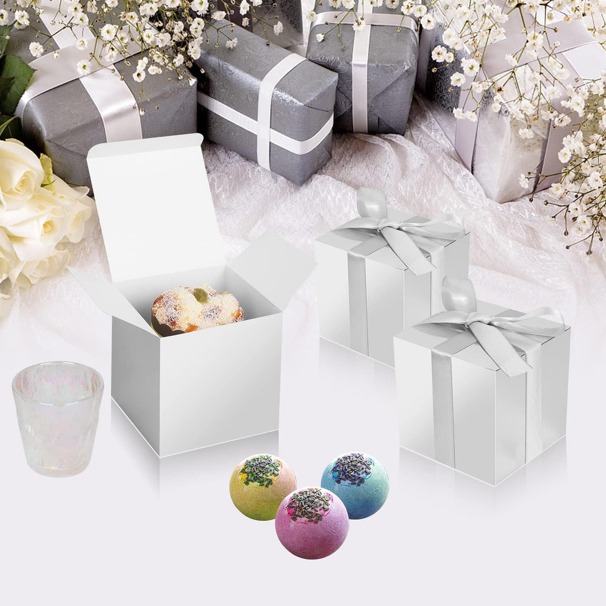 100 Pack Small Gift Boxes, 3x3x3 Inches Favor Boxes Silver Paper Gift Boxes with Lids for Presents