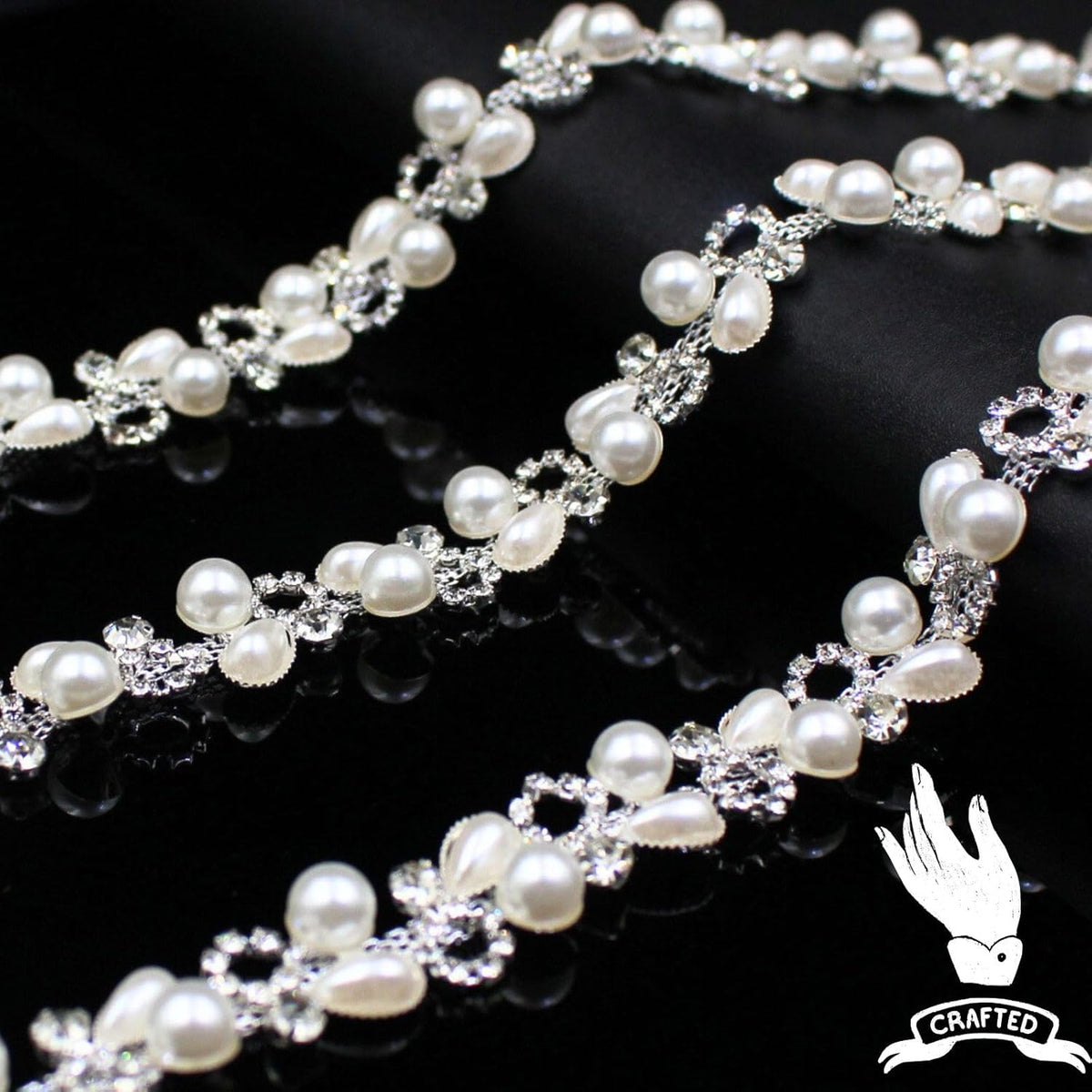 2 Yard Pearl Chain Silver Rhinestone Trim String Crystal Applique Fringe Ribbon Strips Beads Sewing