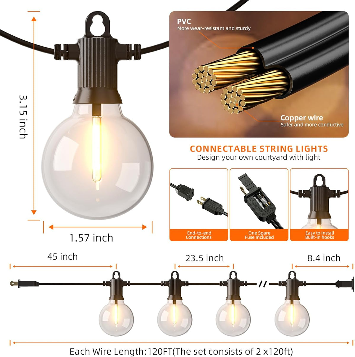 Kawaya 240FT Outdoor Lights String LED Patio Light Waterproof Dimmable G40 Globe String Lighting