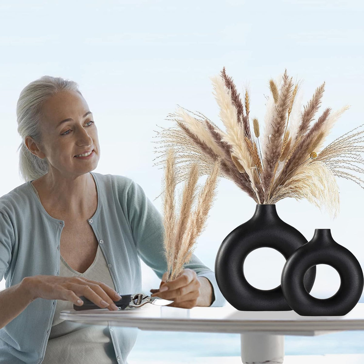 Black Ceramic Vase Set of 2 for Modern Boho Decor,Round Matte Pampas Flower Vases Minimalist Nordic