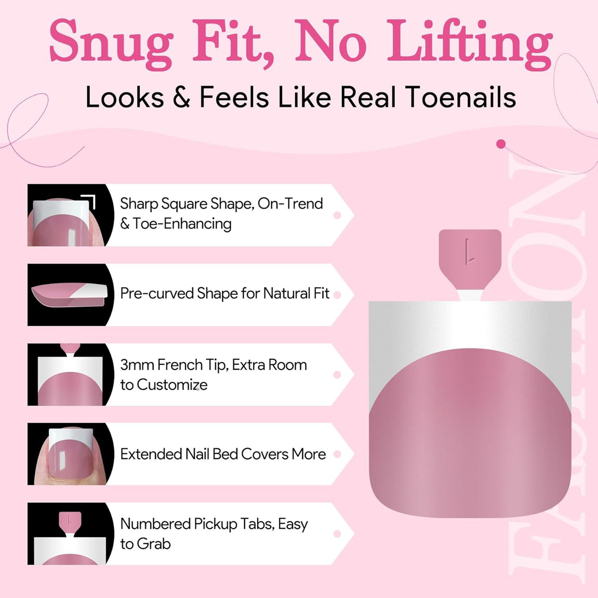 Toe Nail Press Ons French Tip, Sharp Square Berry Pink Pre-Designed Fake Toenail Press On for Women