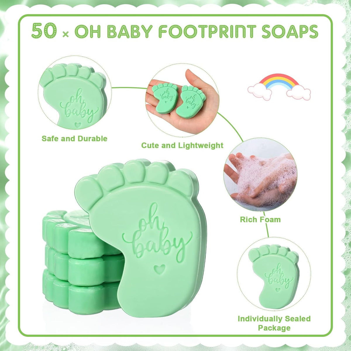 50 Sets Baby Shower Soap Favors for Guests - Mini Handmade Footprint Scented Soap with Thank You