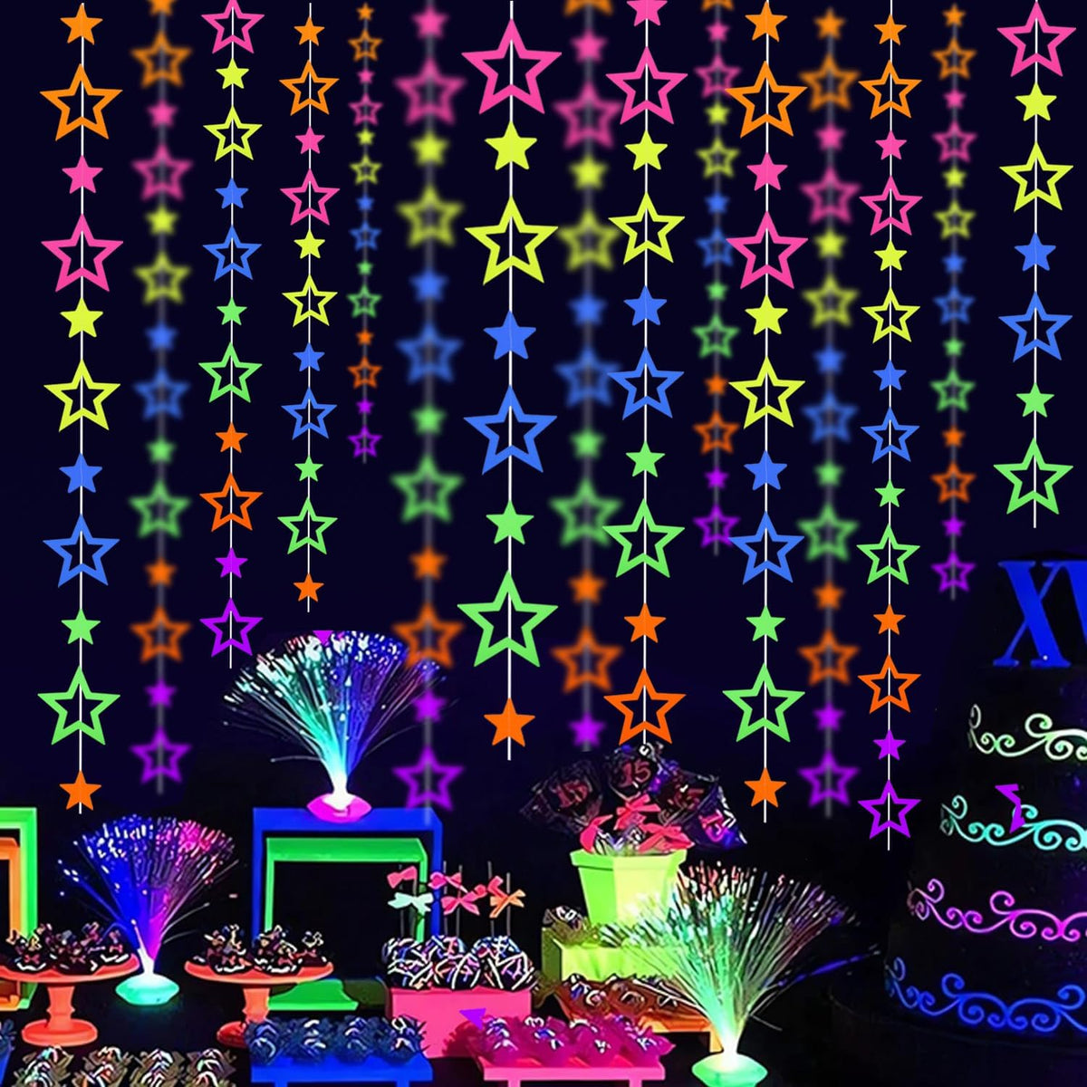 126feet UV Paper Garland Hollowed Star Neon Streamers Black Light Decorations Glow Party UV