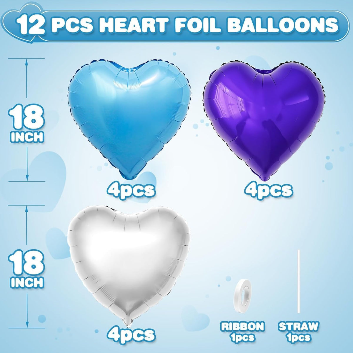 Blue Purple Silver Heart Balloons,12Pcs 18Inch Blue Silver Purple Heart Shaped Foil Helium