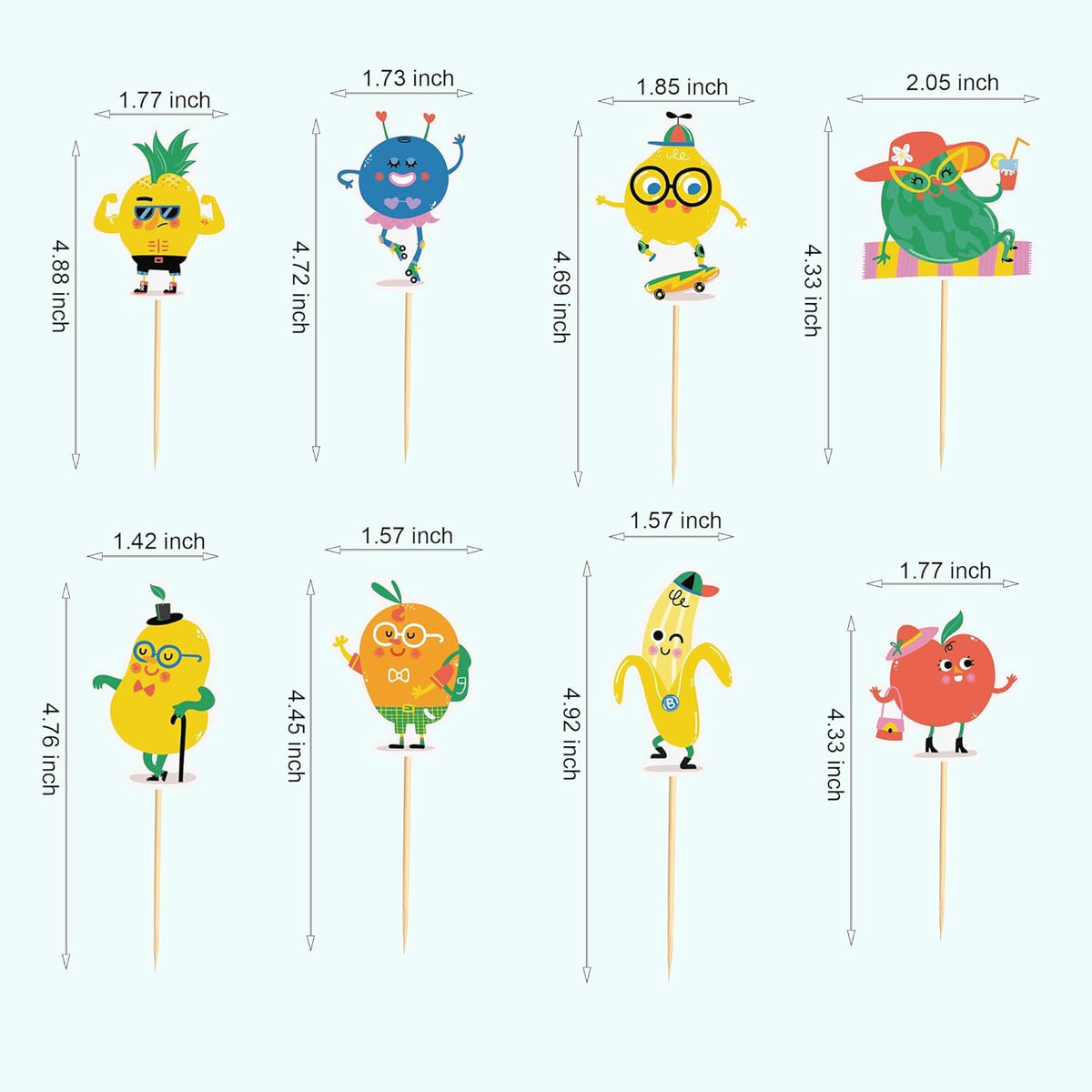 24pcs Fruit Cupcake Toppers Anthropomorphic Fruit Theme Kawaii Watermelon Apple Banana Lemon