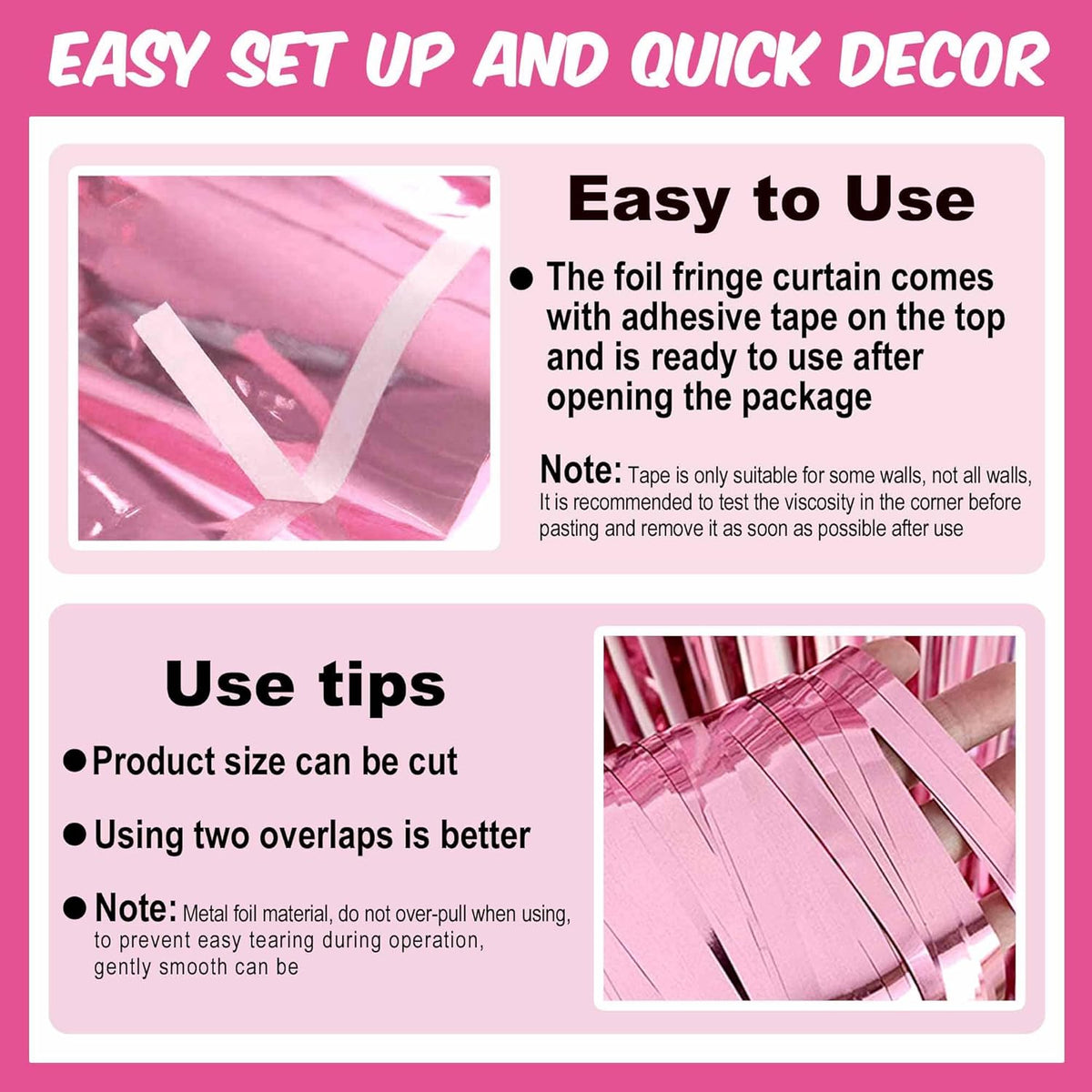 6 Pack Pink Foil Fringe Curtains Backdrop, 3.28 x 8.2 Ft Metallic Streamers Tinsel Curtains